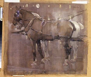 Cab Horses av Gaslight (akvarell og kroppsfarge på lin) av Joseph Crawhall