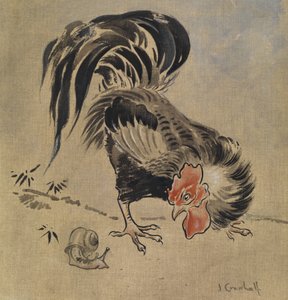 Spansk hane og snegl (gouache på lin)