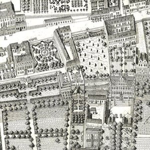 Detalj av et kart over Wien som viser 135 Alsergrund der Mozart og hans familie bodde i 1788 (etsing og gravering) av Joseph Daniel Huber
