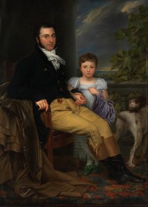 Portrett av en fremtredende herre med datteren og en jakthund (olje på lerret) av Joseph Denis Odevaere