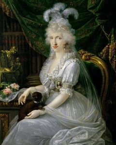 Norsk: Marie Luise (Ludovica) av Napoli og Sicilia (1773–1802), kone til Ferdinand III av Toscana, sittende ved et bord, knelangt portrett Luisa Maria Amelia Teresa av Napoli og Sicilia, prinsesse av Napoli og Sicilia (1773–1802), storhertuginnegemalinne a av Joseph Dorffmeister