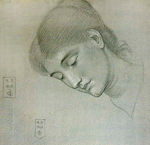 Hodestudie av en jente som ser ned av Joseph Edward Southall