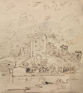 Slott med et rundt tårn over en elv av Joseph Farington