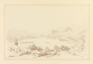 Generell utsikt over Lake of Derwent Water (penn og blekk med wc over grafitt på vevd papir) av Joseph Farington