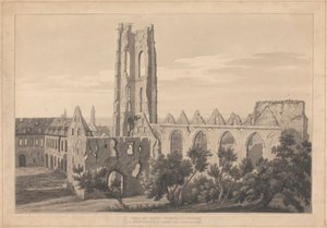 Utsikt over St. Nicholas-kirken i Valenciennes etter beleiringen av Joseph Farington