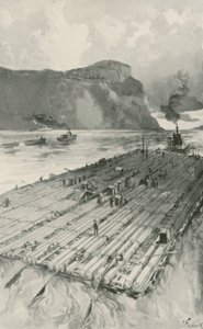 En tømmerflåte blir slept ned St. Lawrence av Joseph Finnemore