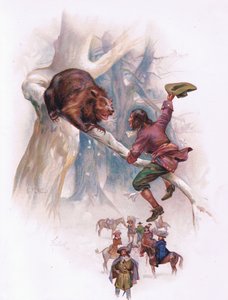 Så han begynte å hoppe og riste grenen der bjørnen begynte å vakle (farge litho)