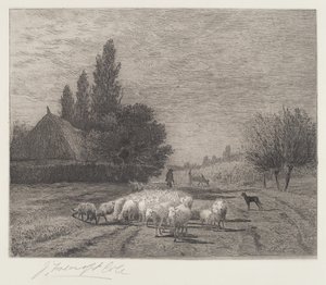 Landsbygate i Frankrike med en saueflokk av Joseph Foxcroft Cole