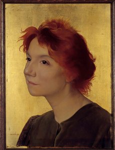 Portrett av Yvette Guilbert (1867-1944) sanger. Portrett av en kvinne med rødt hår på gullbakgrunn. Maleri av Joseph Granie (1861-1915) 1895 Søn. 0,41x0,31 m Paris, musee d