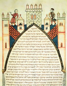 En utkikk gir alarmen, illustrasjon fra den jødiske Cervera-bibelen, 1299