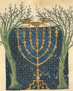 Belysning av en menorah, fra den jødiske Cervera-bibelen, 1299