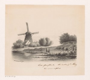 Landskap med mølle og to fiskere