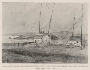 Marconis trådløse telegrafstasjon i Mullion, Cornwall, ødelagt av en kuling 17. september av Joseph Holland Tringham
