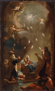 The Descent of the Holy Spirit (Pentecost) - Maleri av Joseph Ignaz Mildorfer (1719-1775), olje på lerret, ca. 1750 - (The Descent of the Holy Spirit (Pentecost), Olje på lerret av J.I.Mildorfer, ca. 1750) - Magyar Nemzeti Galeria (Ungarn) av Joseph Ignaz Mildorfer