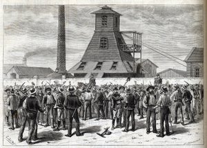 Streik ved Anzin-gruvene (Pas-de-Calais) i 1884 - Greves aux mines d'Anzin (Pas-de-Calais) i 1884. Tegning av Julien - gravering i «Le journal illustrious»» av 1884 av Joseph Julien