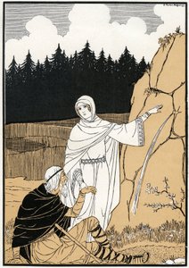 Die Legende der Heiligen Odile (Odile von Hohenburg, ca. 662- ca. 720) zieht eine Quelle aus dem Felsen - Illustration von Joseph Kuhn Regnier (Kuhn-Regnier) (1873-1940) für „Legenden und Märchen des Elsass“, ed. Fernand Nathan Anfang 20. Jahrhundert - Mon