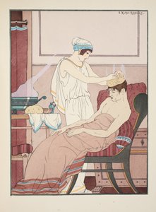 En svamp dynket i varmt vann påføres hodet, illustrasjon fra 'The Works of Hippocrates', 1934 av Joseph Kuhn-Regnier