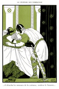Legend of Nibelunge: Siegfried omfavner Walkyrie Brunnhilde (kromolitografi) av Joseph Kuhn-Regnier