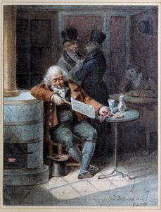 Reading of the Gazette””: gammel mann som sover på en kafé og leser avisen “The Gazette”” i 1824. Litografi av Joseph Louis Hippolyte Bellange (1800-1866) 1824 Paris, Musee Carnavalet av Joseph Louis Hippolyte Bellange