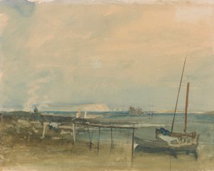 Kystscene med hvite klipper og båter på land av Joseph Mallord William Turner