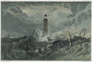 Eddystone fyr, bygget på Eddystone Rock av den engelske sivilingeniøren John Smeaton fra 1757–1759. Kromolitografi etter maleri av JMW Turner av Joseph Mallord William Turner