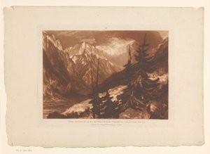 Utsikt over Chamonix-dalen med elven Arveyron Kilden til Arveron i Chamouni Savoy-dalen (tittel på objekt) Landskapsstudier (serietittel) Liber Studiorum (serietittel) av Joseph Mallord William Turner