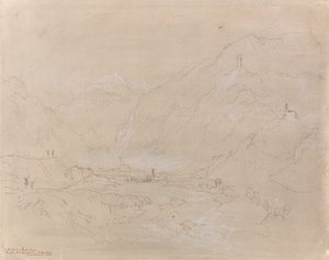 Fjelllandskap med by i dalen, ca. 1840 (grafitt og grå vask på papir) av Joseph Mallord William Turner