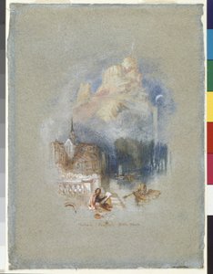 Nicholas Poussins fødested (akvarell og gouache forsterket med rødt blekk på blått papir) av Joseph Mallord William Turner