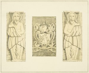 2 figurer og våpenskjold fra Gateway på Black Castle, Brislington av Joseph Manning
