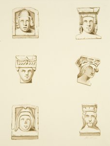 6 Corbels in Roof of St James's (blyant og akvarell på papir) av Joseph Manning