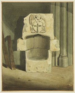 Gammel font tatt ut av sørveggen til krypten til Johanneskirken (akvarell på papir) av Joseph Manning
