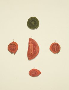 Fem segl av Robert Atwaller, ukjent segl, Margaret Mewyrk, Prioresse av St Mary Magdalen og John Vrell av Joseph Manning