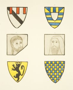 Fire våpenskjold og to hoder i glassmalerier nord og sør for koret i Bristol Cathedral (akvarell på papir) av Joseph Manning