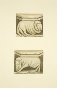 Fire takstoler i nord veranda (opprinnelig støttende statuer) av St Mary Redcliffe (akvarell på papir) av Joseph Manning