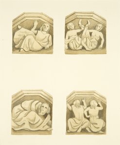Fire takstoler i nordverandaen (opprinnelig støttende statuer) av St Mary Redcliffe (akvarell på papir) av Joseph Manning