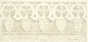 Gotisk frise og våpenskjold i vestrirommet i Bristol Cathedral (blyant og akvarell på papir)