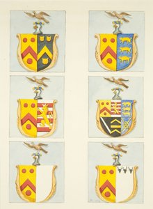Seks våpenskjold i glassmalerier i nord- og sørgangene (østenden) av Bristol Cathedral (akvarell på papir) av Joseph Manning