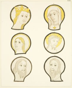 Seks hoder i glassmalerier sør for koret i Bristol Cathedral (akvarell på papir) av Joseph Manning
