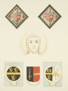 Farget glass, våpenskjold og våpenskjold i Peterskirken (akvarell på papir) av Joseph Manning