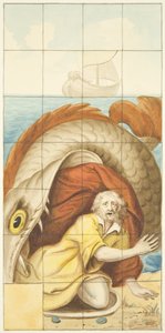 Glassmaleri i østenden av nordgangen til Bristol Cathedral som viser Jonah and the Whale (akvarell på papir) av Joseph Manning