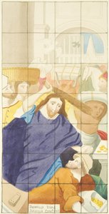 Glassmaleri i østenden av sørgangen til Bristol Cathedral som viser kjøpere og selgere i tempelet (akvarell på papir) av Joseph Manning