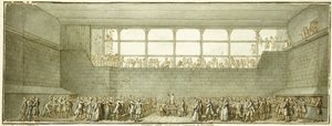 The Tennis Court Oath, ca. 1789 (svart kritt, penn og brunt blekk med grå vask) av Joseph Marie Flouest