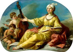En personifisering av musikk, sang med Putti som spiller en fiol og en fløyte, 1758