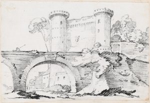 En steinbro og den befestede inngangen til en by av Joseph Marie Vien