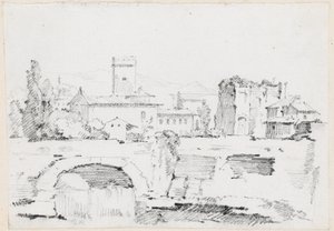 En italiensk by med en steinbro og en foss av Joseph Marie Vien