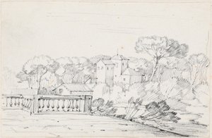 Terrasse ved en elv med en villa og trær bortenfor av Joseph Marie Vien