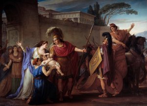 Hector og Andromaque farvel. Hector forlater sin kone og sønn Astyanax på grunn av den trojanske krigen. Maleri av Joseph Marie Vien (1716-1809) 1786 søn. 3,29 X 4,25 m