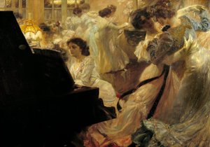 Belle epoque: "White Ball" Kveld med unge kvinner kledd i hvitt dans og piano av Joseph Marius Avy (1871-1939) 1903