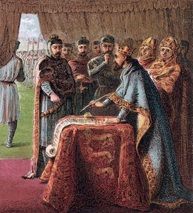 Kong John av England signerer Magna Carta From: Pictures of English History, 1868 av Joseph Martin Kronheim
