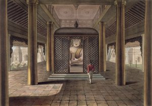 En soldat som står i et Rangoon-tempel, gravert av George Hunt, 1825 (farget akvatint)